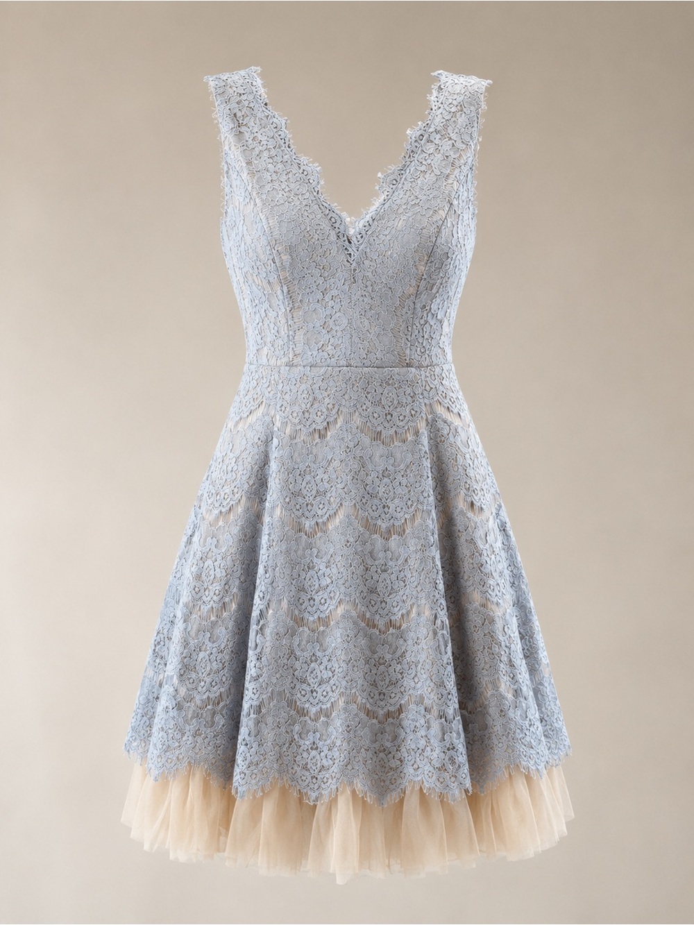 Sleeveless V-Neck Lace Fit & Flare Dress in Light Blue with Cream Hem size S